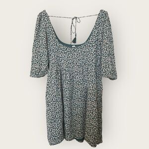 American Eagle Babydoll Dress Green 90s Floral Puff 3/4 Sleeve Tasseled Back Med